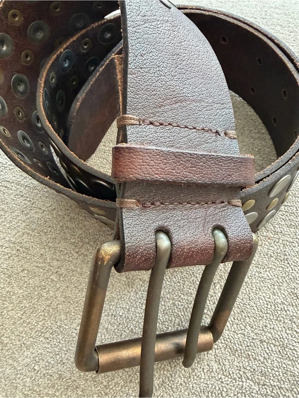 Vintage Hollister Studded Leather Belt Brown Wide Double Hole XS/S